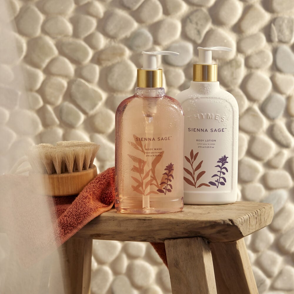Thymes Sienna Sage Body Lotion and Body Wash on Bath Stool image number 3